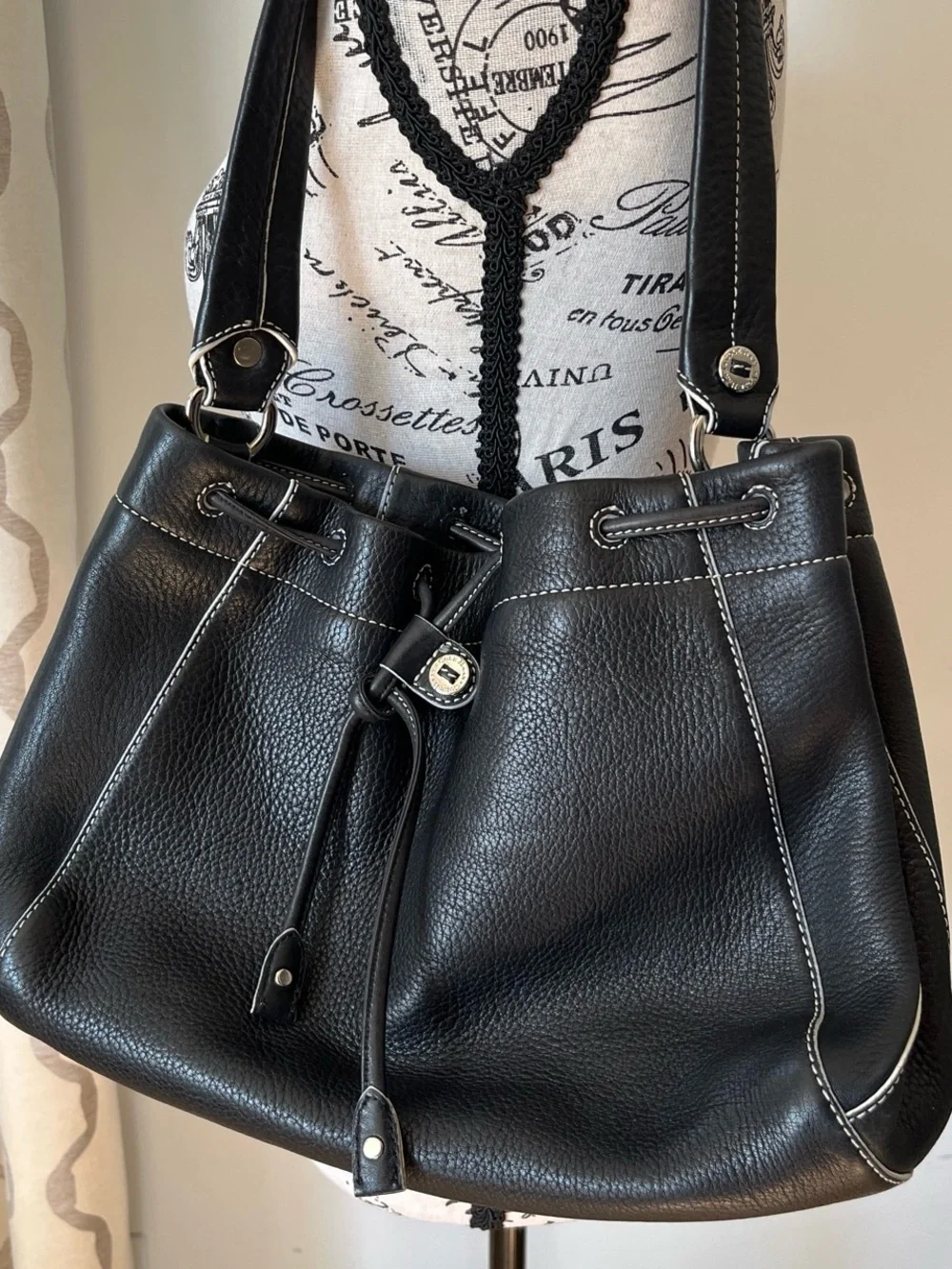 Cole Haan Black Drawstring Steampunk It Girl Leather Editorial Bucket Bag